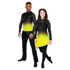 male and female color guard members in long sleeve tunics, black lace bodice and ombre black to yellow bottom, front three-quarter view