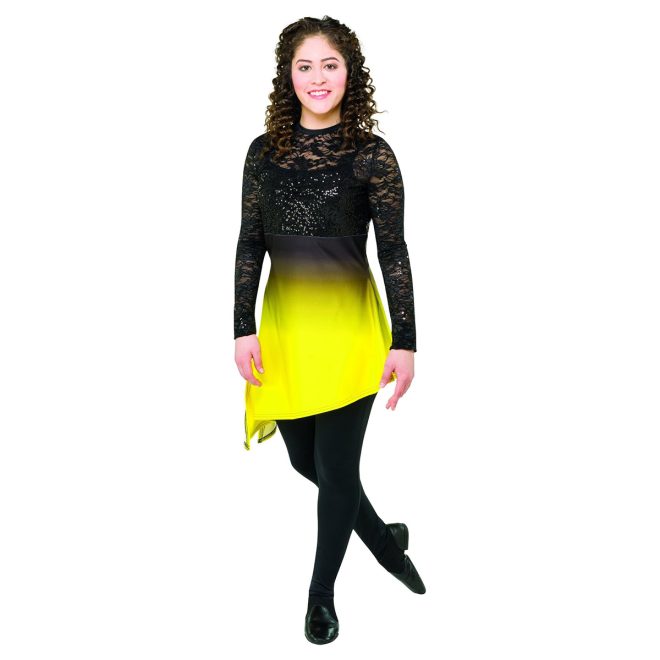 female color guard member in a long sleeve tunic, black lace bodice and ombre black to Yellow bottom, front three-quarter view