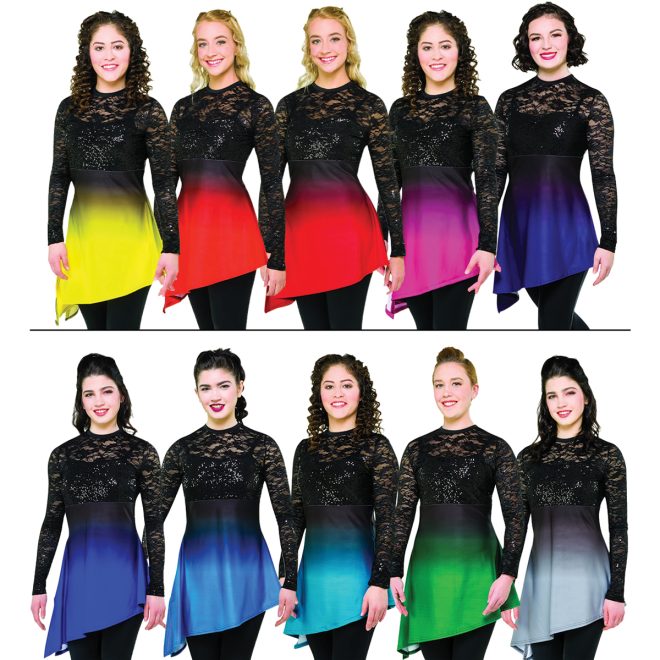 ten female color guard members in long sleeve tunics, black lace bodice and ombre black to color asymmetric bottom, front three-quarter view