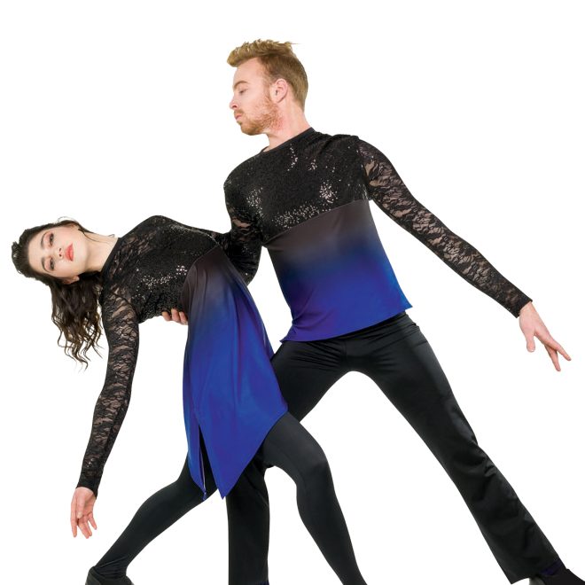 male and female color guard members in long sleeve tunics, black lace bodice and ombre black to color asymmetric bottom, in a dance pose