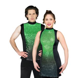 male and female models in the plex sleeveless color guard top with an ombre green to black gradient on the front, font view