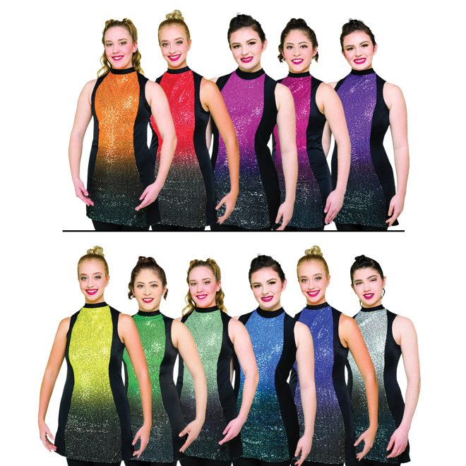 11 colorways of the sleeveless plex color guard tunic with models in two rows