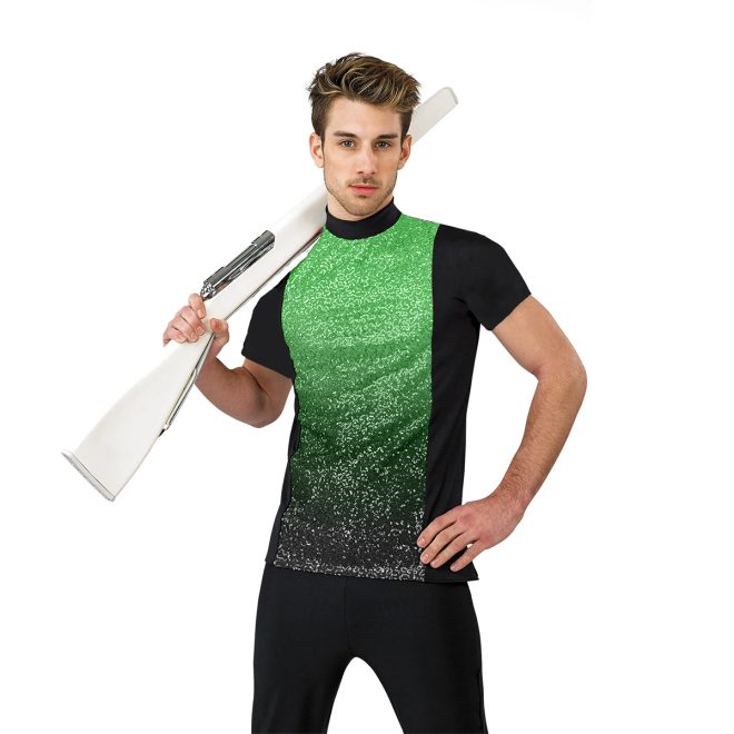 male model holding a color guard rifle in a short sleeve color guard top with an ombre green to black gradient on the front, font view