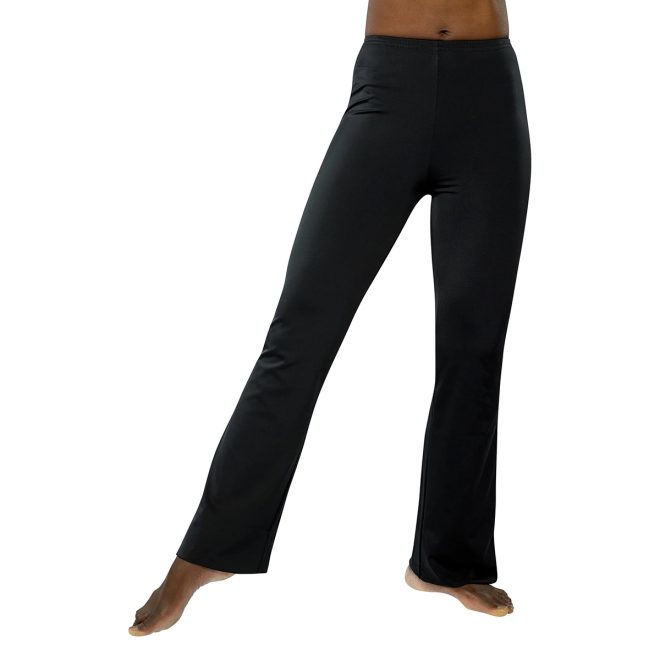 female model wearing black flare leg pants, front view from the waist down