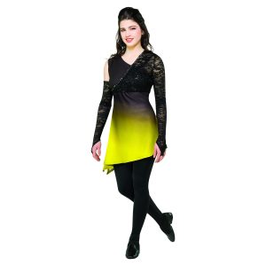 female color guard member in an asymmetric tunic, black lace bodice and ombre black to yellow bottom, front three-quarter view
