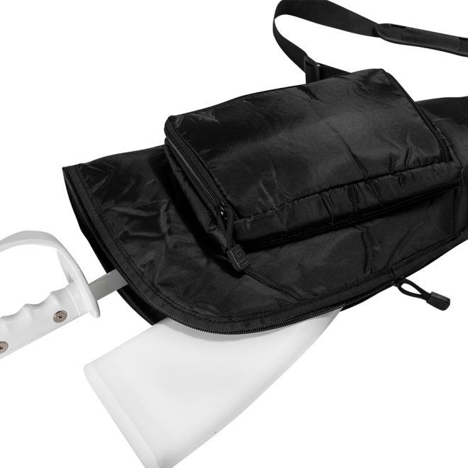 black padded color guard rifle sabre bag with sabre and rifle inside