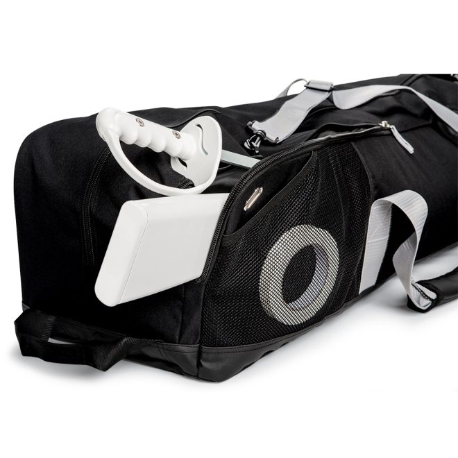 black and grey large color guard storage bag filled with sabre, rifle, and tape