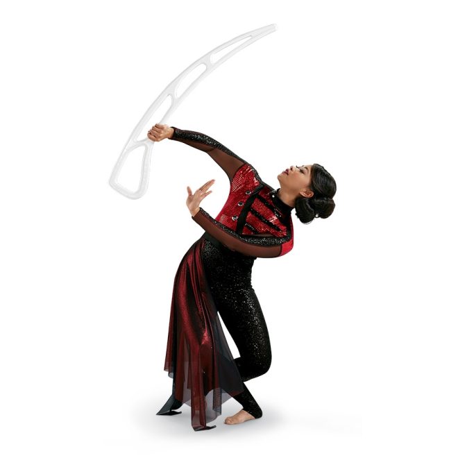 white air blade color guard prop held by performer wearing black and red sparkly uniform