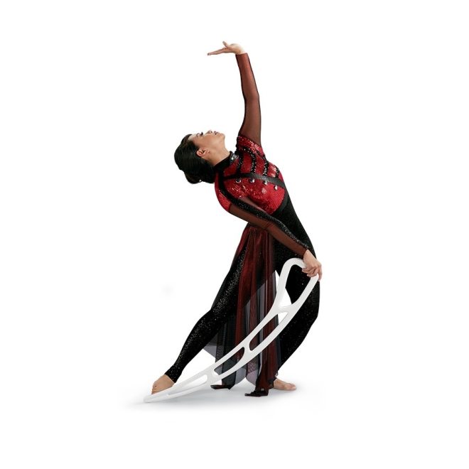 white air blade color guard prop held by performer wearing black and red sparkly uniform