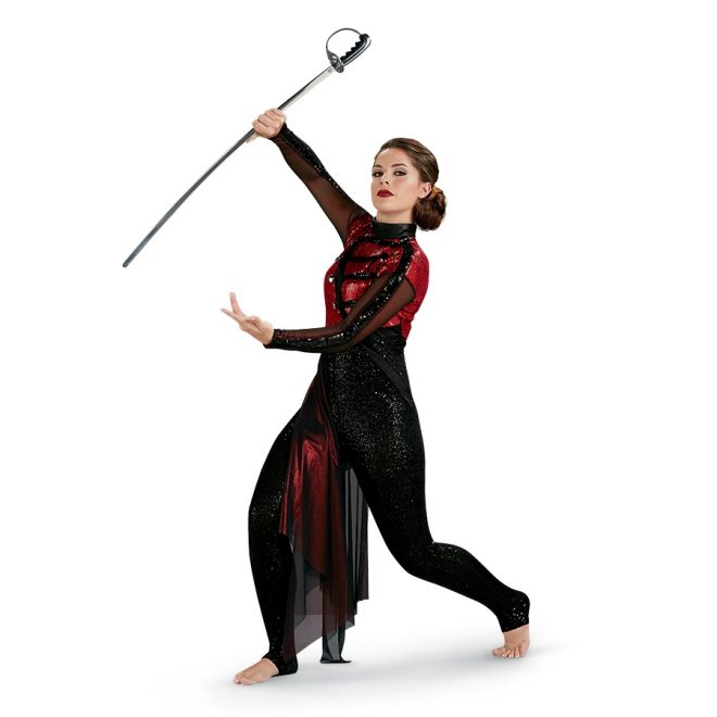 dsi excalibur 39" color guard sabre held by performer in custom black and red sparkly uniform