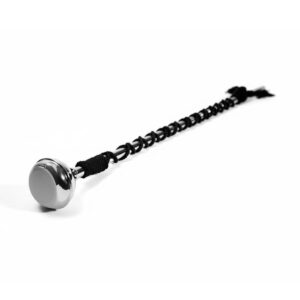 drum major baton with a silver dome and shaft with a black cord.