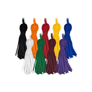 black, orange, red, gold, blue, white, green, maroon, and purple drum major baton tassel colorways.