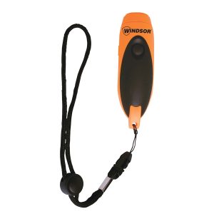 orange single tone electric whistle with black lanyard