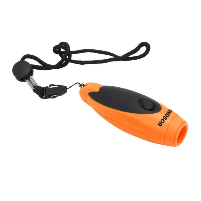 orange single tone electric whistle with black lanyard