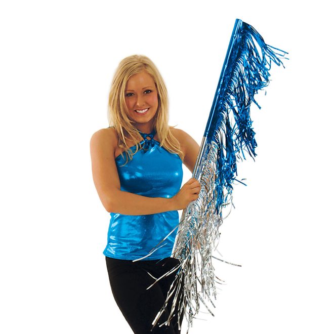 half silver half royal decorated dance stick held by performer in royal top and black pants