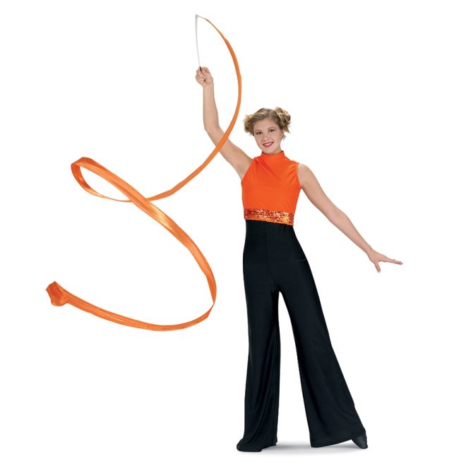 orange double sided nylon action ribbon being twirled by performer