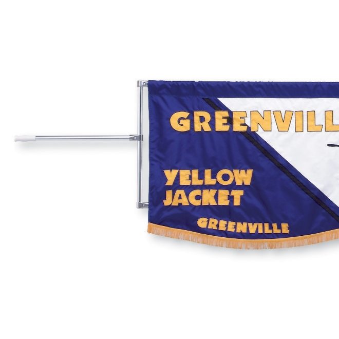 banner frame t connector with blue/white banner with yellow lettering and yellow fringe