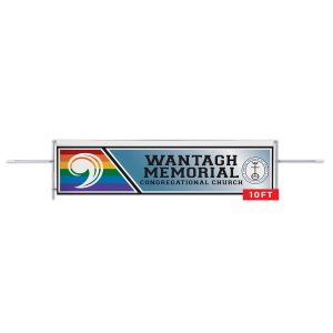 deluxe 10ft banner marching frame 36in uprights with blue banner with section of rainbow colors