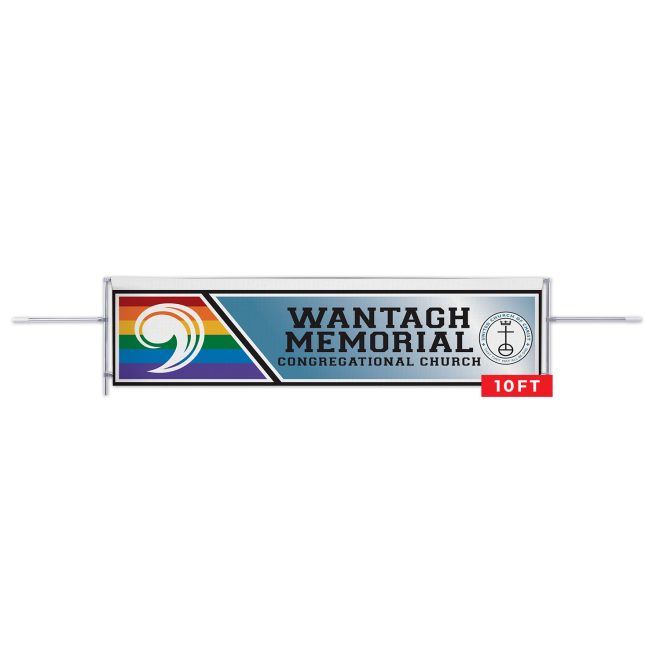 deluxe 10ft banner marching frame 36in uprights with blue banner with section of rainbow colors