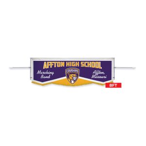 deluxe 8ft banner marching frame 26in uprights with purple, yellow and white banner