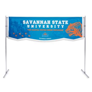 banner frame stand attachment with custom blue banner