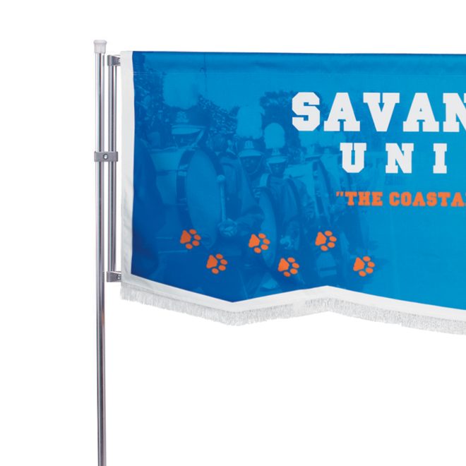 banner frame stand attachment with custom blue banner