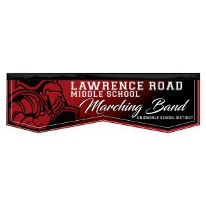 Digitally printed parade banner in maroon and black with white lettering and knight