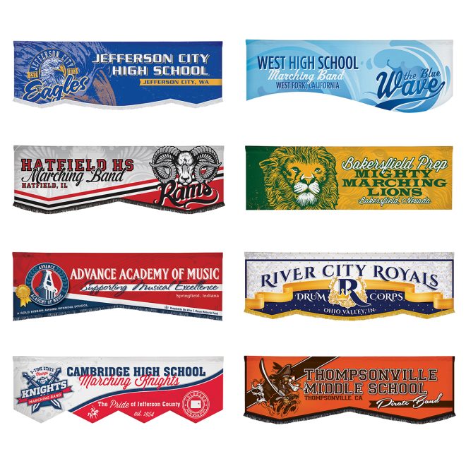 different styles and colors of digitally printed parade banners. top left banner blue background with eagle head and white lettering. second left light grey background with red and black detailing and lettering and ram head on side. red background with white lettering and blue detailing. bottom left white, red, and navy background and lettering with knights logo. top right blue background with wave and darker blue and white lettering. second right banner yellow background with green and white lettering with a lions head in white green and yellow. third right banner white on top with yellow ribbon separating bottom blue background with blue and white lettering and large R in middle and yellow fringe at bottom. bottom right banner orange background with brown lettering and pirate mascot.