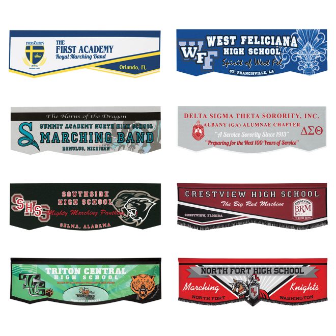 different style and colors of digitally printed parade banners. top left banner white background with crest and blue writing with yellow and blue detailing. Second left banner light grey background with single black stripe teal lettering with dragon horns in background. third left banner black background with red lettering and panther head. bottom left green background with black outline white, black and orange lettering with orange tiger head. Top right banner blue background with white lettering with emblem on side. second right banner light grey background with white and red lettering and greek letters. third right maroon background with white lettering and white and black detailing and black fringe on bottom. bottom right red and grey background with knight on horse in middle with black and white lettering