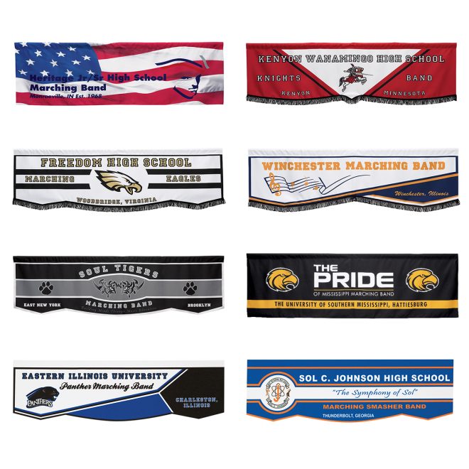 different style and colors of digitally printed parade banners. top left american flag with black lettering. second left white banner with black stripes gold lettering and an eagle in the middle with black fringe on bottom. third left black and grey background with paw prints and grey lettering. bottom left white, blue, and black background with blue lettering and panther. top right white and red background with white lettering with knight on horse in middle and black fringe on bottom. second right white, gold and navy with music notes and gold lettering black fringe on bottom. third right black background with one gold stripe and two gold eagle heads with white writing in middle. bottom right blue backround with orange and white detailing and blue, orange and white writing.