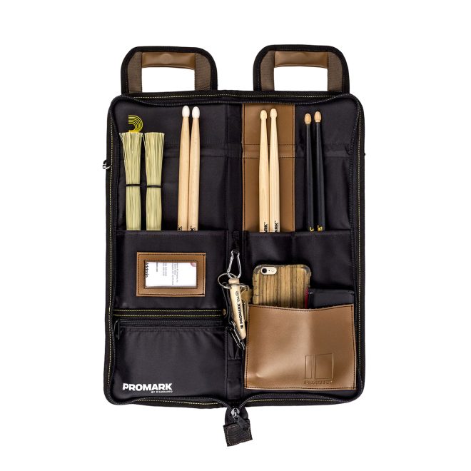 promark transport deluxe stick bag open with drumsticks and phone