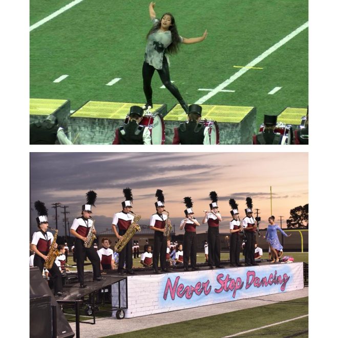 corps design portable stage box 3ft used in two different performances. Top picture four stages set up in line with gaps between with performer on top. Bottom picture stages set up in line next to each other with band members playing instruments on top with custom banner hanging below