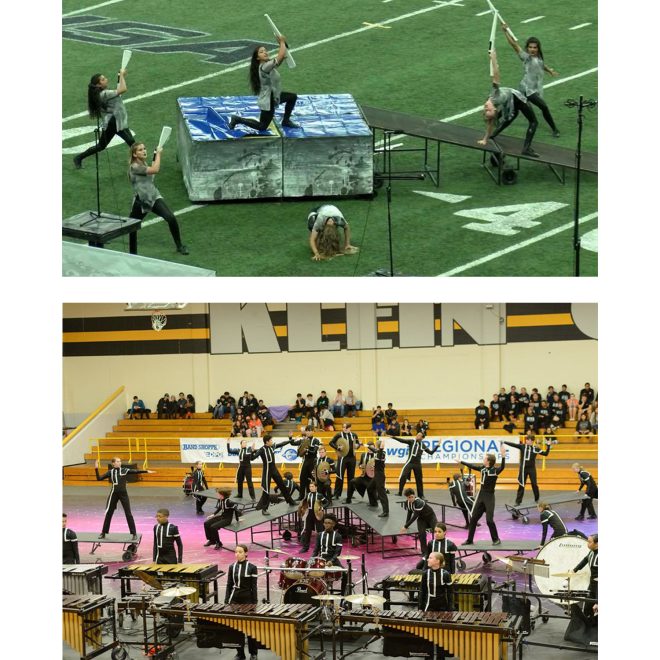 two versions of corps design portable ramp used in performance. Top picture ramp to platform that is covered in blue being used on football field. Bottom picture 4 ramps to platform being used in gymnasium