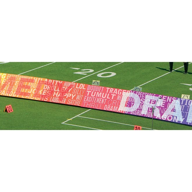 colorful corps design sideline screens with white words used on field