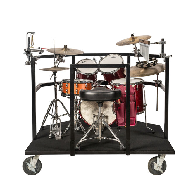 Black Corps Design Drum Set cart with equipment, back view