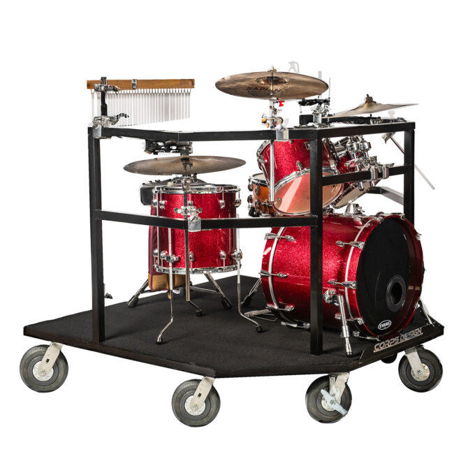 Black Corps Design Drum Set cart with equipment, right three-quarters view