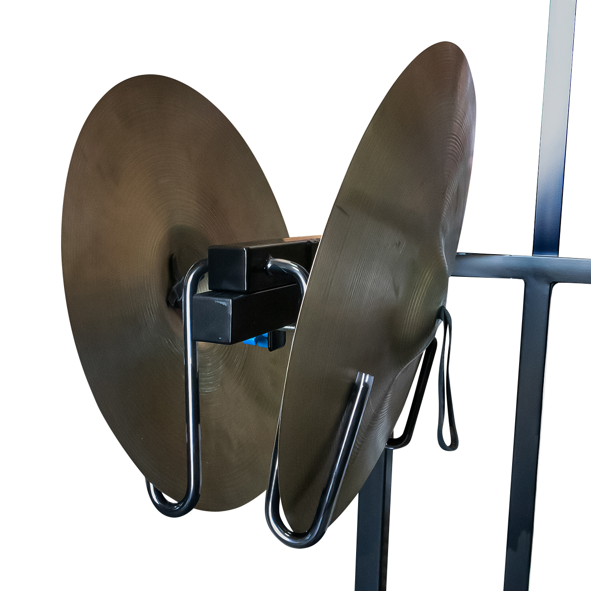 corps design crash cymbal caddy, back three-quartes view with cymbals