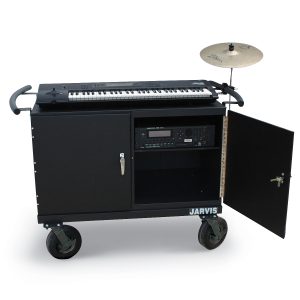 jarvis keyboard mover 2 cabinets holding keyboard and cymbal with one open cabinet