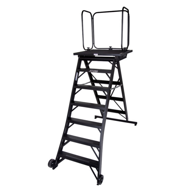 black jarvis 72 inch marching band podium with railing, right three-quarters
