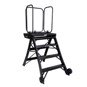 Black jarvis 42 inch marching band podium with safety rails, left three-quarters