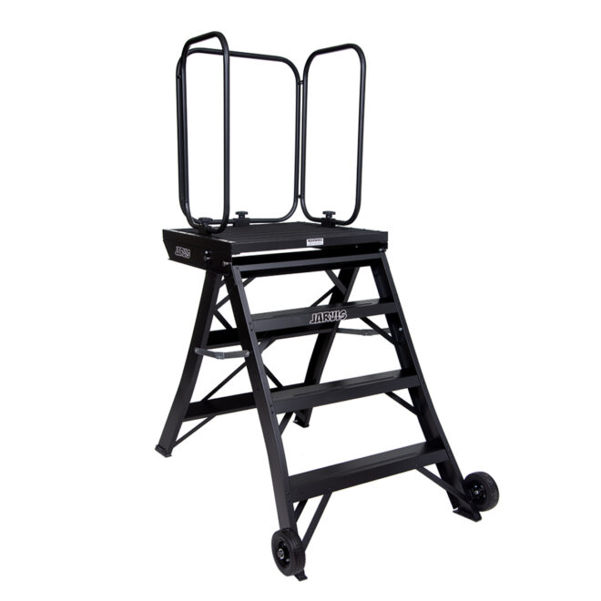 Black jarvis 42 inch marching band podium with safety rails, left three-quarters