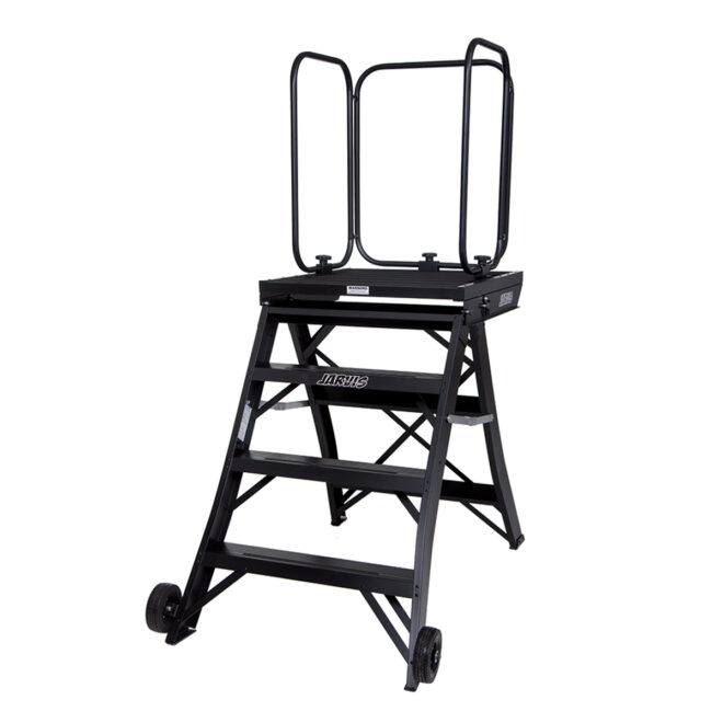 Black jarvis 42 inch marching band podium with safety rails, right three-quarters
