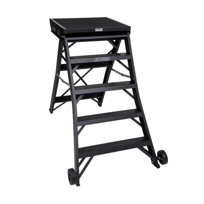 Black jarvis 52 inch marching band podium with safety rails, back view