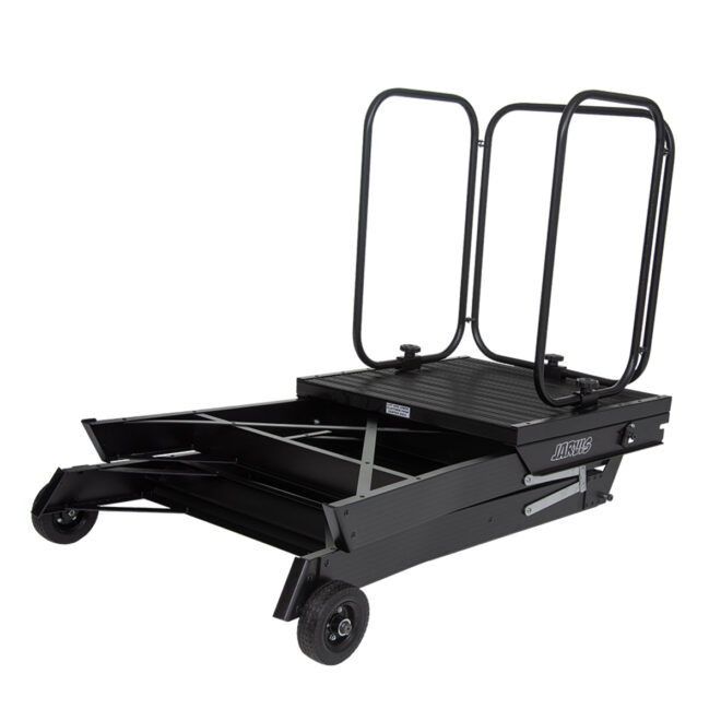 Black jarvis 52 inch marching band podium with safety rails, folded