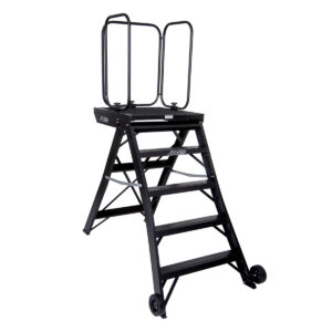 Black jarvis 52 inch marching band podium with safety rails, left three-quarters