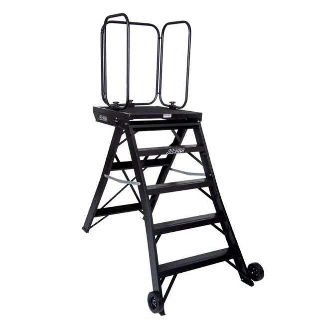 Black jarvis 52 inch marching band podium with safety rails, left three-quarters