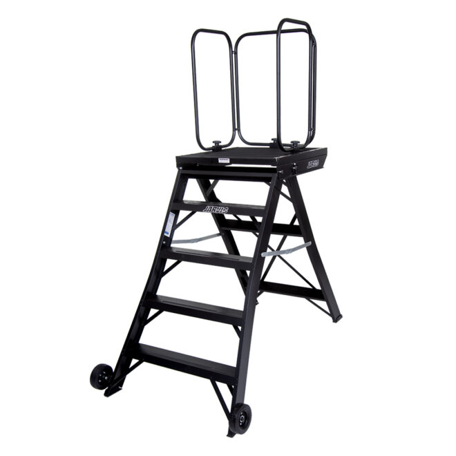 Black jarvis 52 inch marching band podium with safety rails, right three-quarters