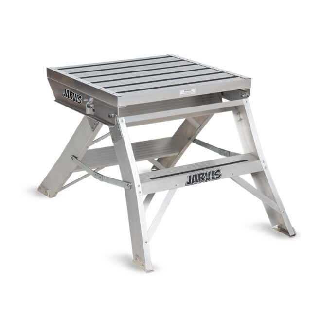 silver jarvis 24 inch marching band podium, left three-quarters view