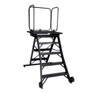 Black jarvis 52 inch marching band podium with safety rails, left three-quarters