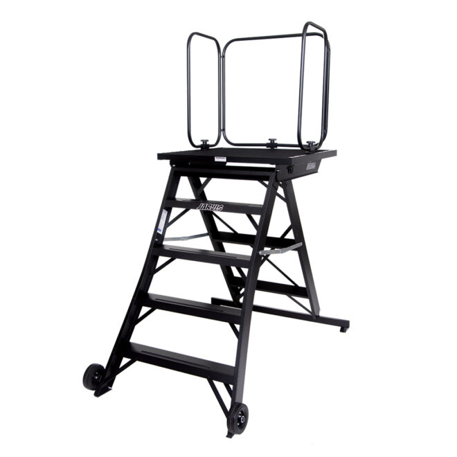 Black jarvis 52 inch marching band podium with safety rails, right three-quarters